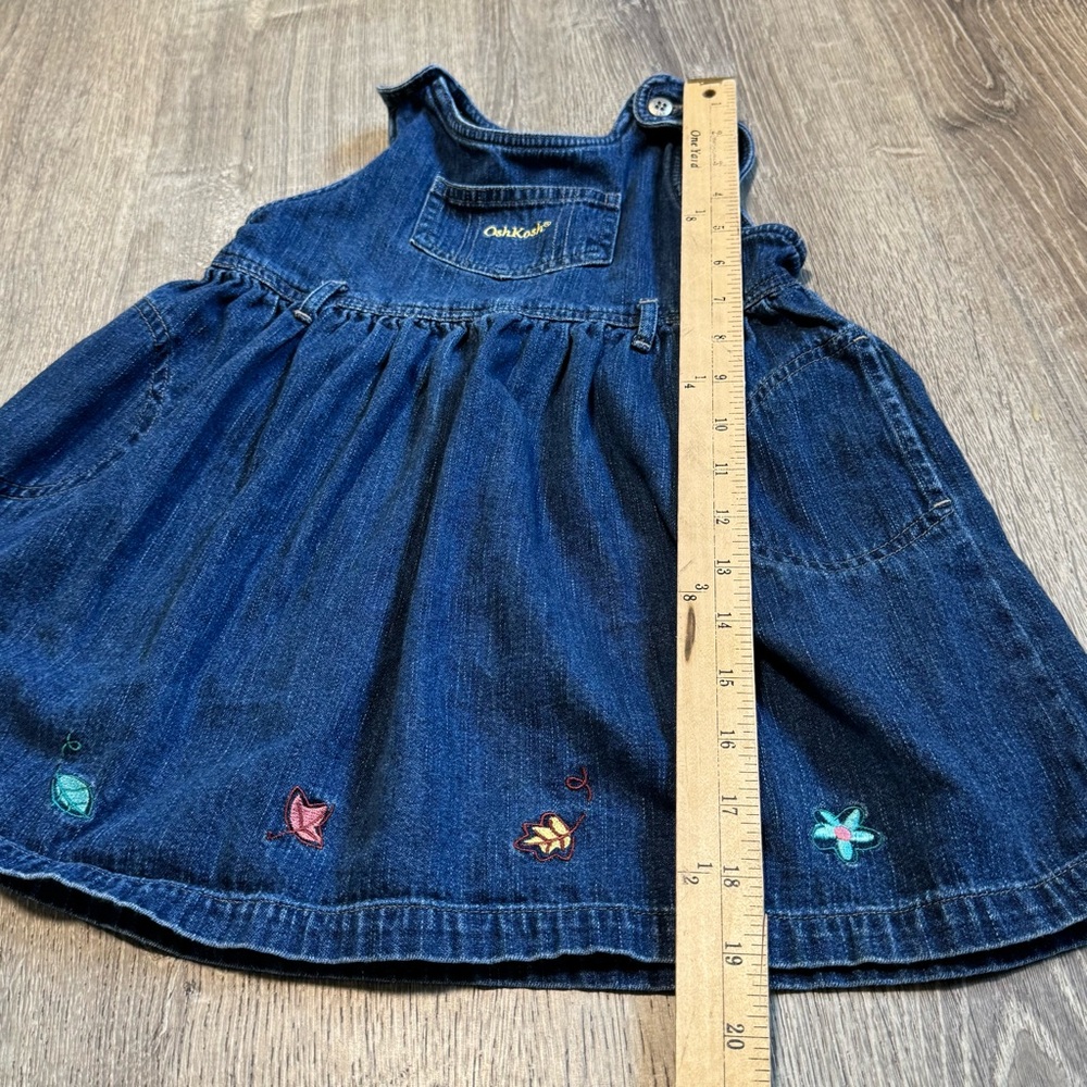 Vintage 90s Oshkosh Denim Overalls Dress 3T Embroidered Leaves Trust Tide Tag - Picture 6 of 7